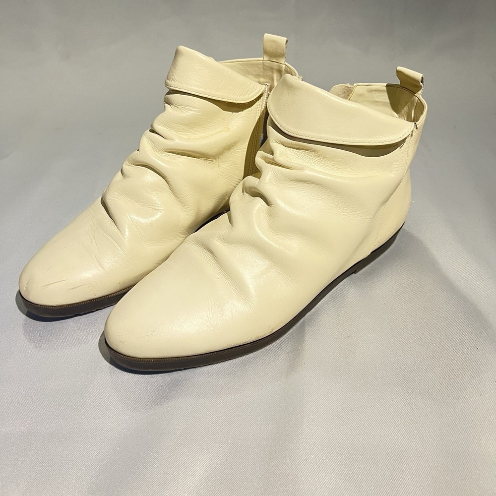 Ivory Cream‎ Leather Ruched Ankle Bootie Women's 7.5 Zip Flat Boho Vintage Style